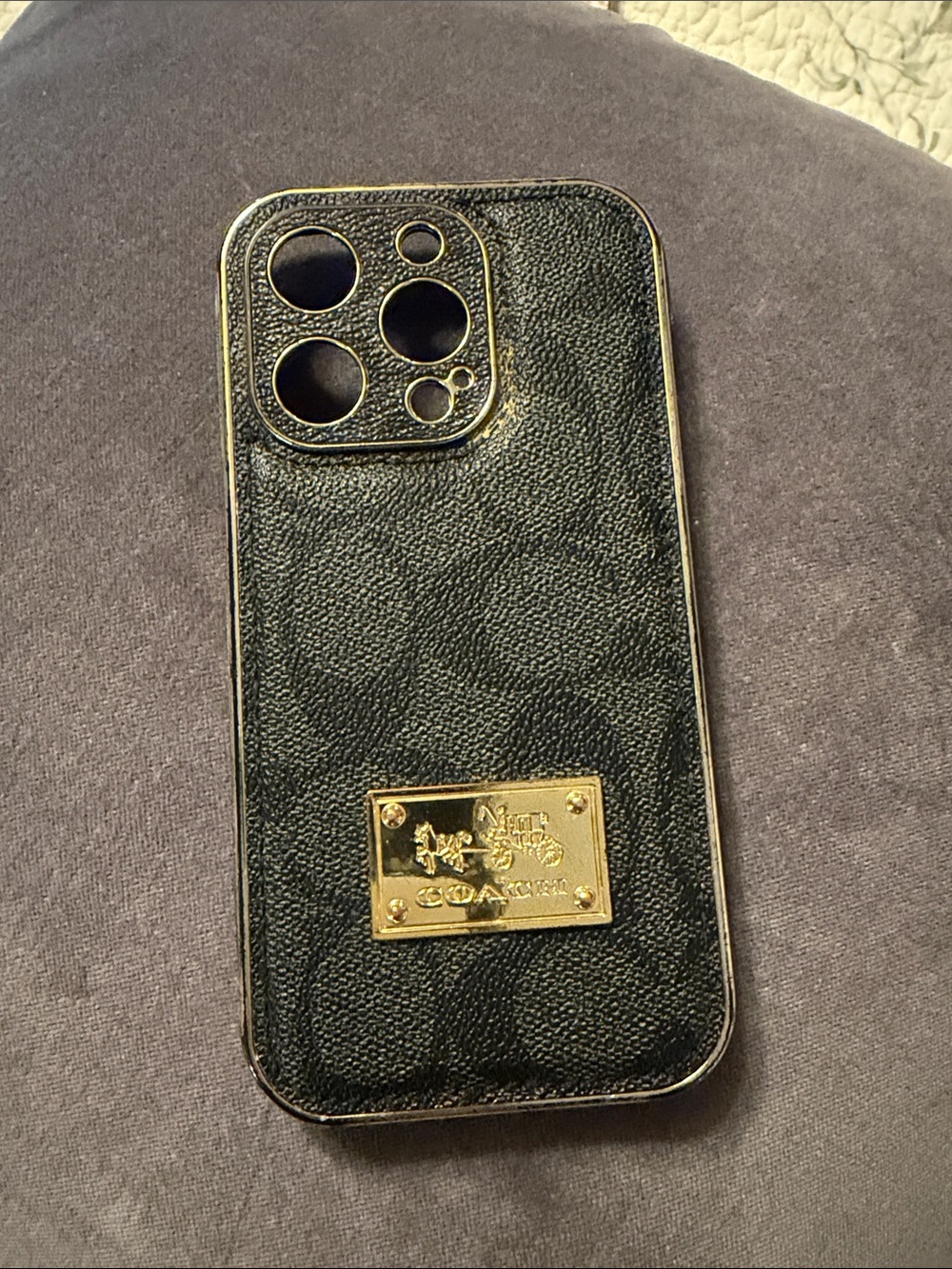 Coach Black Leather Pattern Phone Case with Gold Plaque